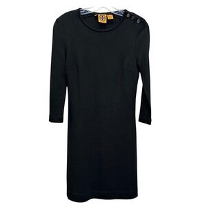 Tory Burch Black Knit Sheath Dress Size 4 Wool Blend Button Shoulder Long Sleeve